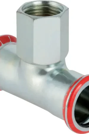 Direct Beschikbaar Geberit Mapress, Overgang T-stuk, 90 graden, C-staal, met CIIR afdichtring, 22mm x RP3/4" x 22mm (persmof x binnendraad x persmof)