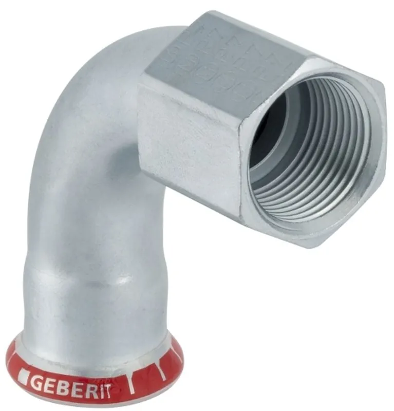 Geberit Mapress, Overgangsbocht, 90 graden, 1-delig, C-staal, met CIIR afdichtring, 22mm x RP3/4" (persmof x binnendraad) Gratis Retour