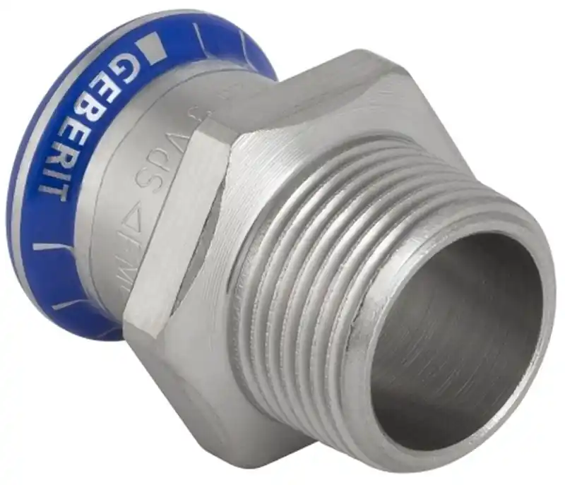 Geberit Mapress, Puntstuk, recht, 1-delig, RVS 316, met CIIR afdichtring, 15mm x R3/8" (persmof x buitendraad) Gecertificeerd