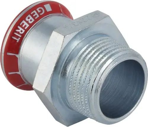 Geberit Mapress, Puntstuk, recht, 1-delig, C-staal, met CIIR afdichtring, 15mm x R3/8" (persmof x buitendraad) Voordeelprijs