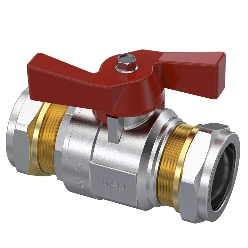 Raminex kogelkraan s.28, 28 x 28 mm, knel, DN25, PN10, messing vernikkeld, vlinderhendel rood 282720 Laatste Versie