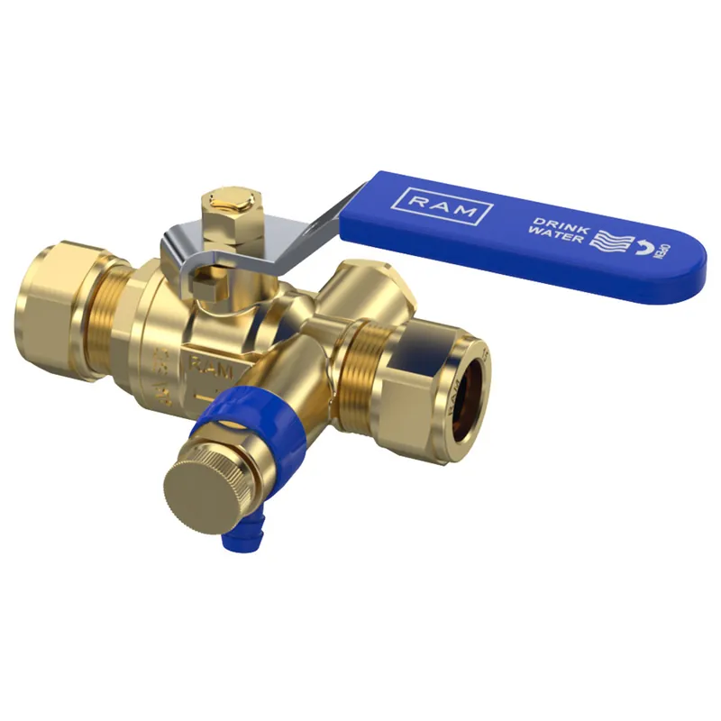 Merkproduct Raminex kogelkraan, recht, DN15 knelring x DN15 knelring, messing, klasse PN10, bediening handgreep 282101