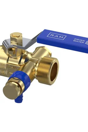 Uitverkoop Raminex RAM kogelkraan m. aftapper en stopplug 1/4‘ bu.dr. messing 3/4"x3/4" dn15 kiwa hendel blauw 282003