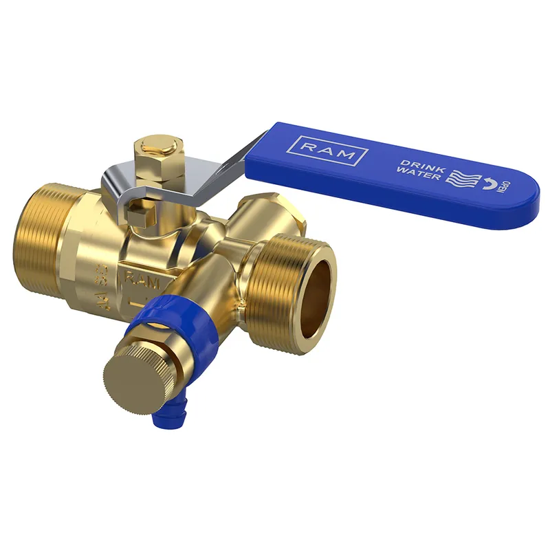 Uitverkoop Raminex RAM kogelkraan m. aftapper en stopplug 1/4‘ bu.dr. messing 3/4"x3/4" dn15 kiwa hendel blauw 282003