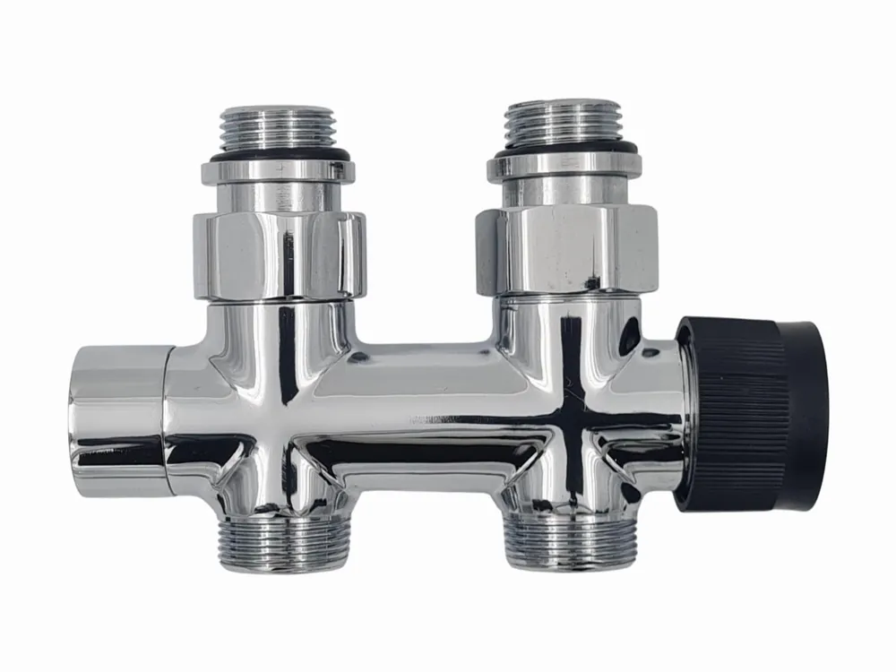 Solar Design onderblok 1/2" Recht chroom. Buisaansluiting M24. Excl (M30) thermostaatkop. Voor 2-pijps systemen (Thermrad-VeraLine) Direct Beschikbaar