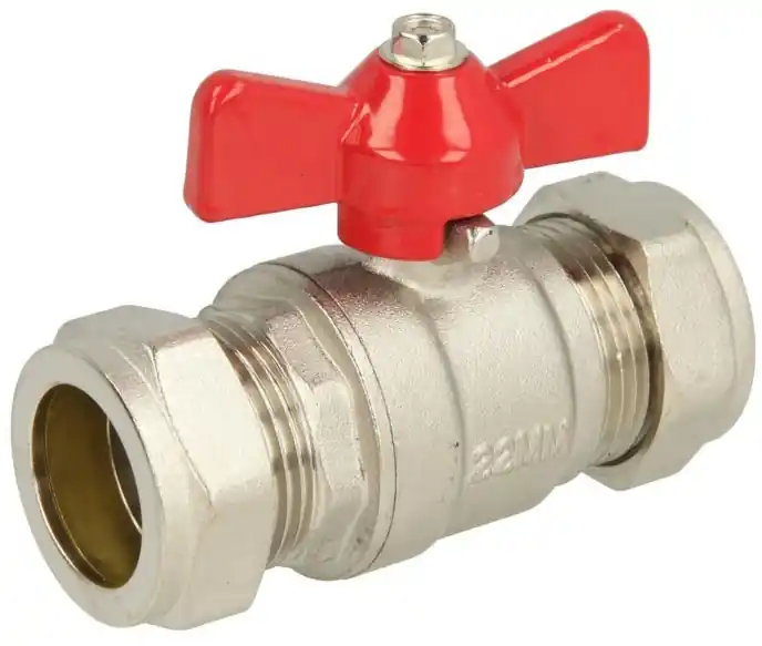 Solar CV kogelkraan / kogelafsluiter 15mm knel m. rode vlinder greep, messing verchroomd volle doorlaat 05-0053 Goedkoop