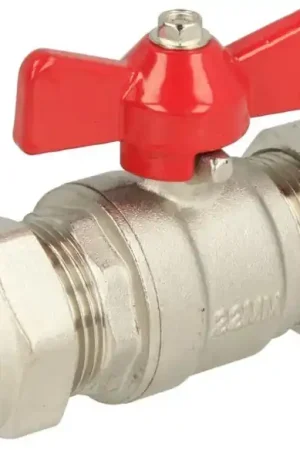 Weekendaanbieding Solar CV kogelkraan / kogelafsluiter 28mm knel. Met rode vlinder greep. Messing verchroomd, volle doorlaat