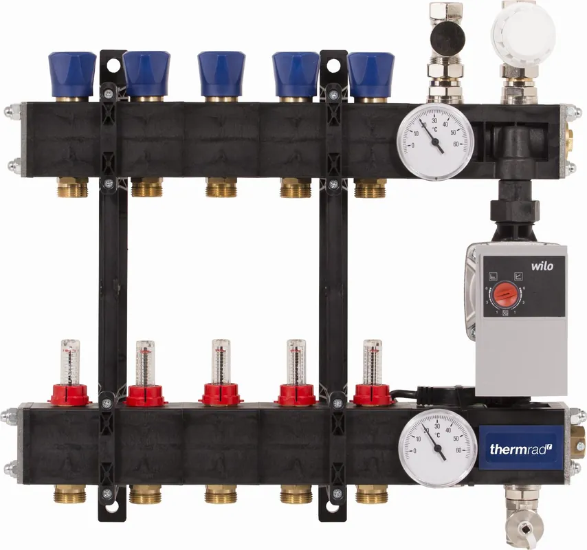 Thermrad LTV composiet vloerverwarmingsverdeler 8-groeps dubbel afsluitbaar met energiezuinige pomp en flowmeters SOL020068 Laatste Versie