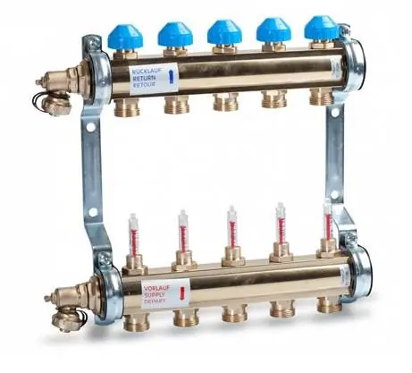Betaalbaar Thermrad messing Vloerverwarming verdeler 2-groeps. Inclusief eindset en flowmeters. Zonder pomp