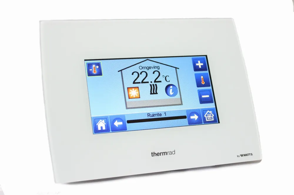 Thermrad RF(draadloos), centrale touchscreen met glazen front (wit), individuele tijd programmering voor elke kamer, max. 50 zones Premium