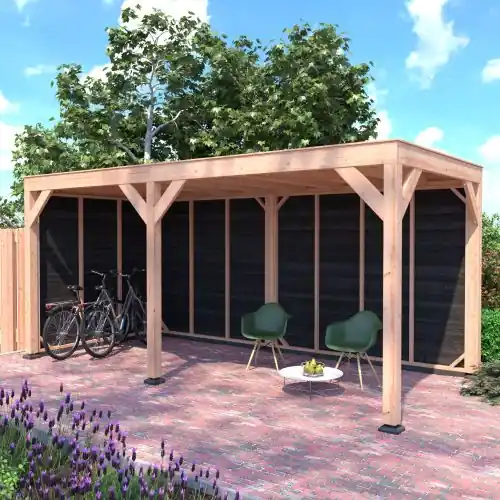 Voordeelprijs Douglas overkapping geschaafd 550 x 250 cm asymmetrisch 2 zwarte wanden