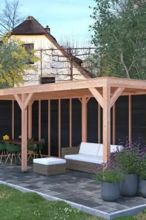 Douglas overkapping geschaafd 700 x 250 cm zwarte wanden Bestel Nu