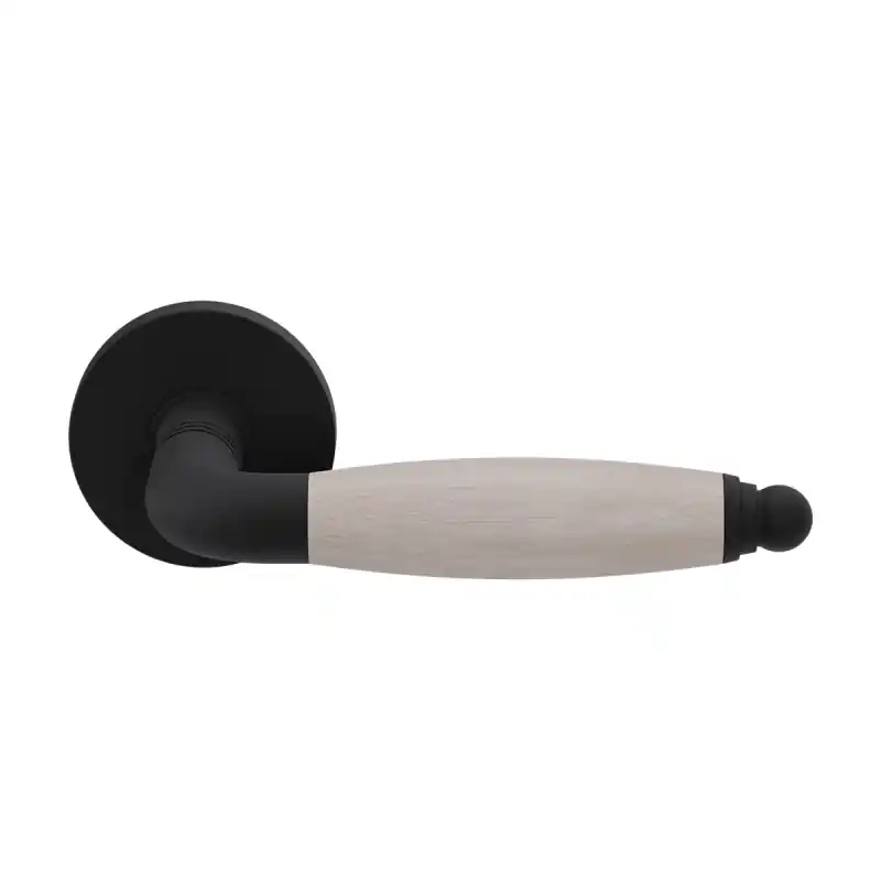 Ika deurkruk zwart/ eiken whitewash gebogen met ronde eindknop op rond rozet Exclusieve Aanbieding