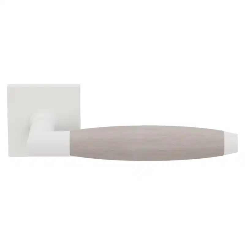 Seizoensaanbieding Ika XL deurkruk wit/ eiken whitewash haaks met trapezium eindknop op vierkante rozet