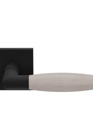 Weekendaanbieding Ika deurkruk zwart/ eiken whitewash haaks met trapezium eindknop op vierkante rozet