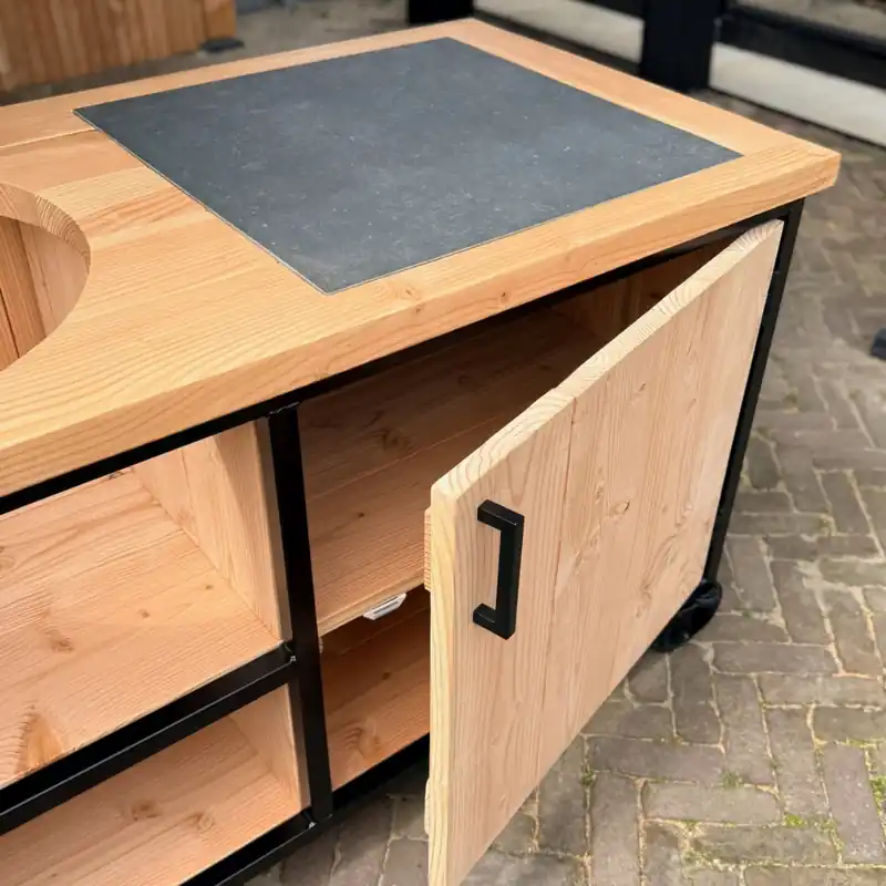 Buitenkeuken Douglas en staal met opbergkast en Keramische tegel - Lengte 150 cm Bestel Nu