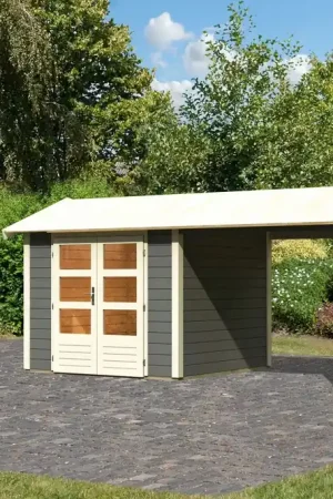 Tijdelijk Beschikbaar Tuinhuis Theres 3 met Overkapping Terragrijs 484 x 240 cm