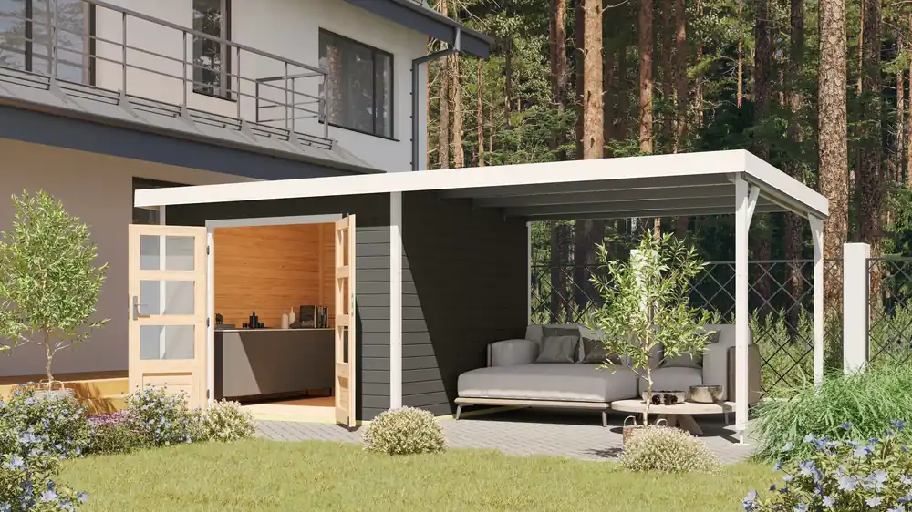 Bestel Nu Tuinhuis Pluto B met Overkapping Antraciet/Wit 571 x 271 cm
