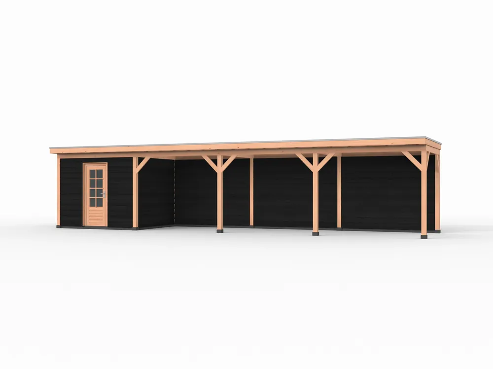 Douglas overkapping, 1200 x 250, met schuur en achterwand, Westwood Comfort Zwart Nieuw