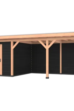 Douglas overkapping, 750 x 300, met zwarte schuur en achterwand, Westwood Comfort Koopje