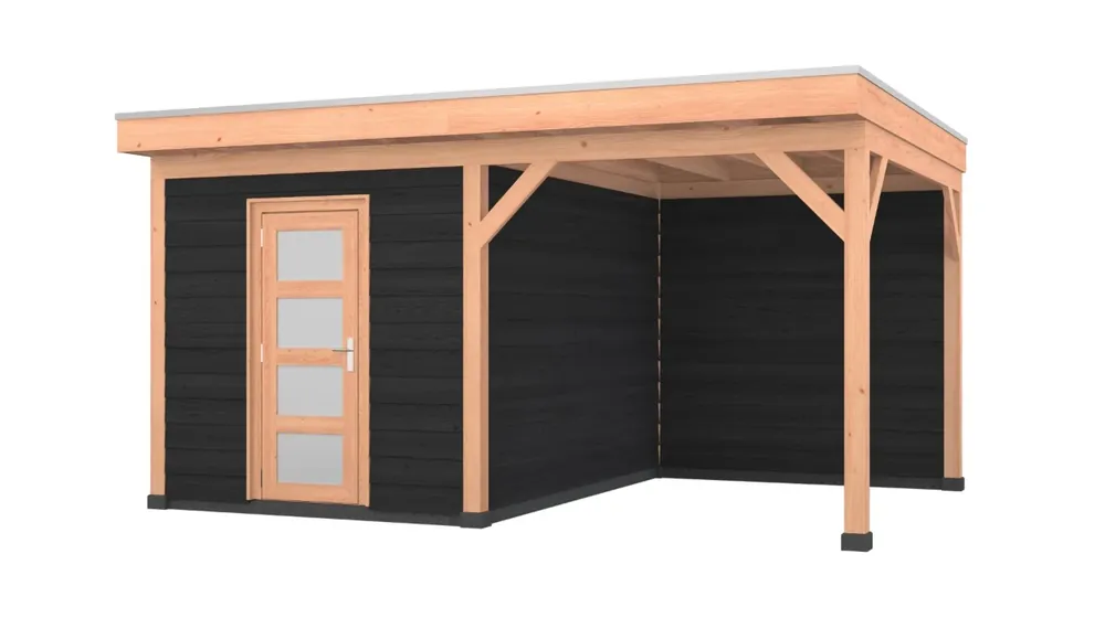 Douglas overkapping, 500 x 350, met schuur en achterwand, Westwood Comfort Zwart Uitverkoop
