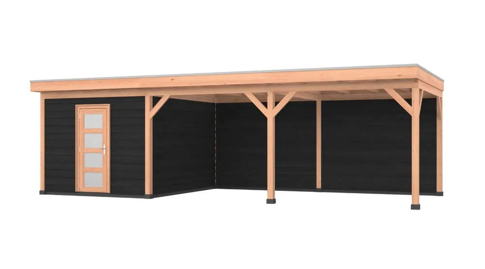 Douglas overkapping, 900 x 350, met zwarte schuur en achterwand, Westwood Comfort Bestel Nu