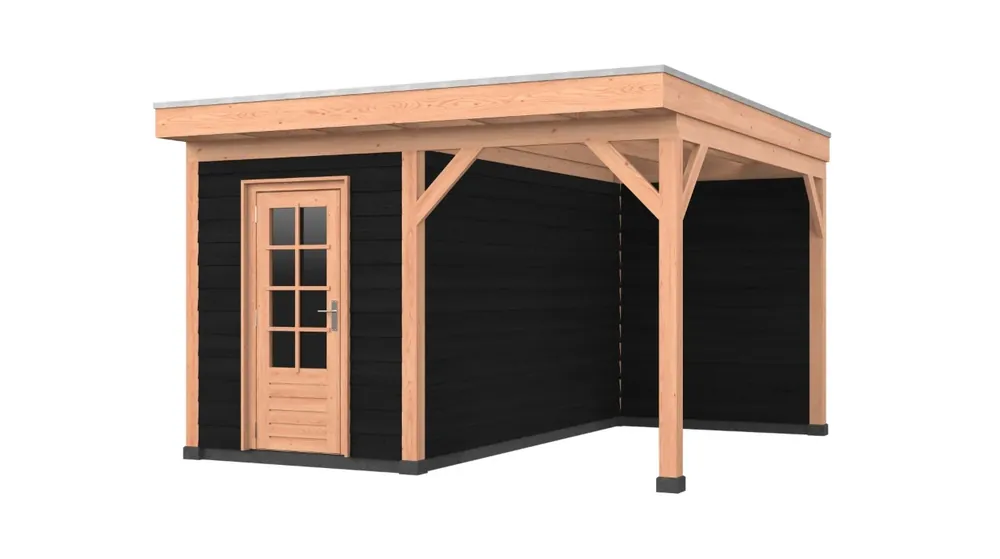 Douglas overkapping, 400 x 400, met schuur en achterwand, Westwood Comfort Zwart Must-Have