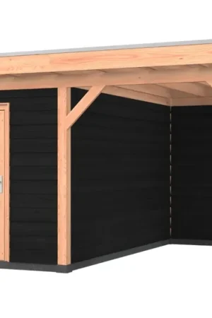 Merkproduct Douglas overkapping, 500 x 400, met schuur en achterwand, Westwood Comfort Zwart