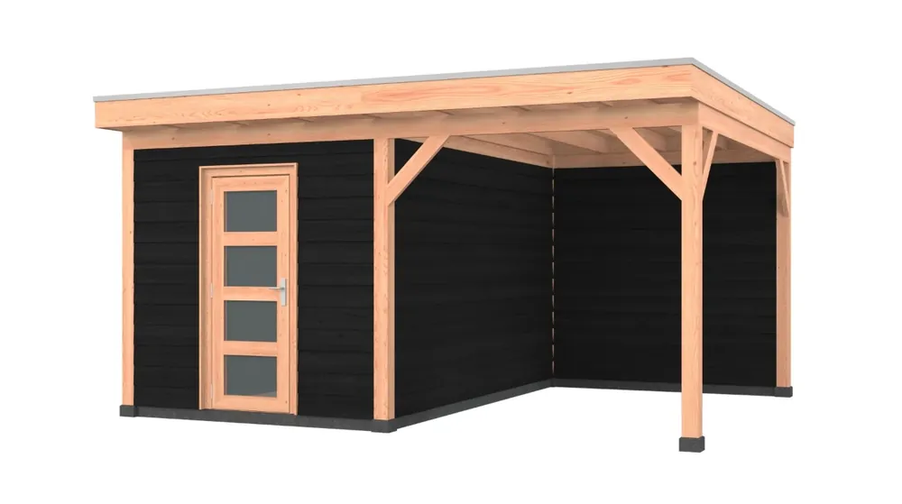Merkproduct Douglas overkapping, 500 x 400, met schuur en achterwand, Westwood Comfort Zwart
