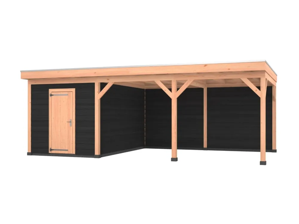 Bestel Nu Douglas overkapping, 750 x 400, met zwarte schuur en achterwand, Westwood Comfort
