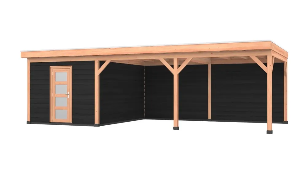 Seizoensaanbieding Douglas overkapping, 900 x 400, met zwarte schuur en achterwand, Westwood Comfort