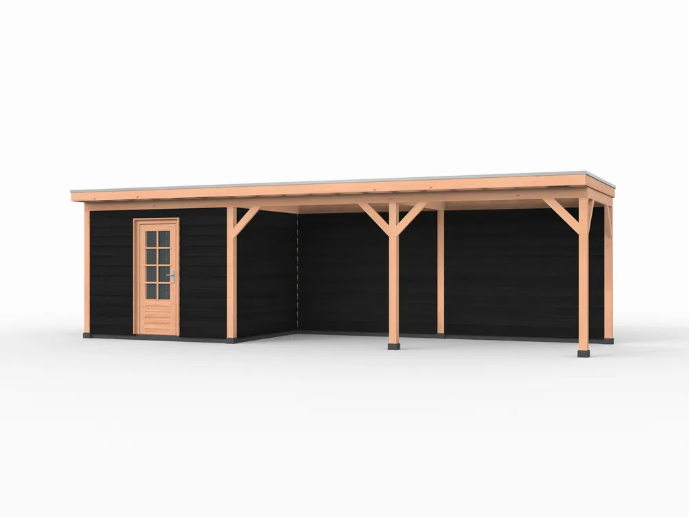 Douglas overkapping, 900 x 250, met zwarte schuur en achterwand, Westwood Comfort Speciale Aanbieding