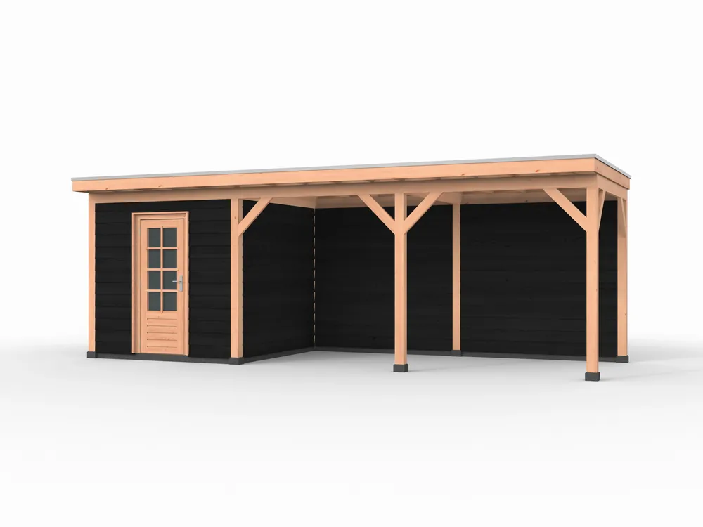 Douglas overkapping, 750 x 250, met zwarte schuur en achterwand, Westwood Comfort Express Levering