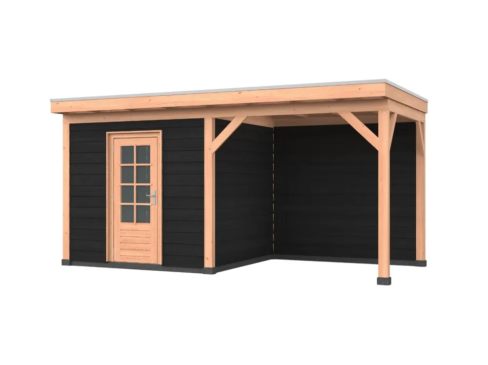 Fabrieksprijs Douglas overkapping, 500 x 300, met schuur en achterwand, Westwood Comfort Zwart