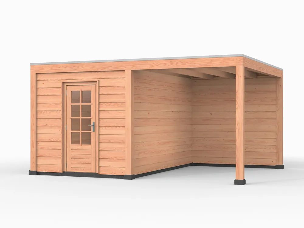 Op = Op Douglas overkapping, 500 x 400, met achterwand en schuur, Westwood Elegant