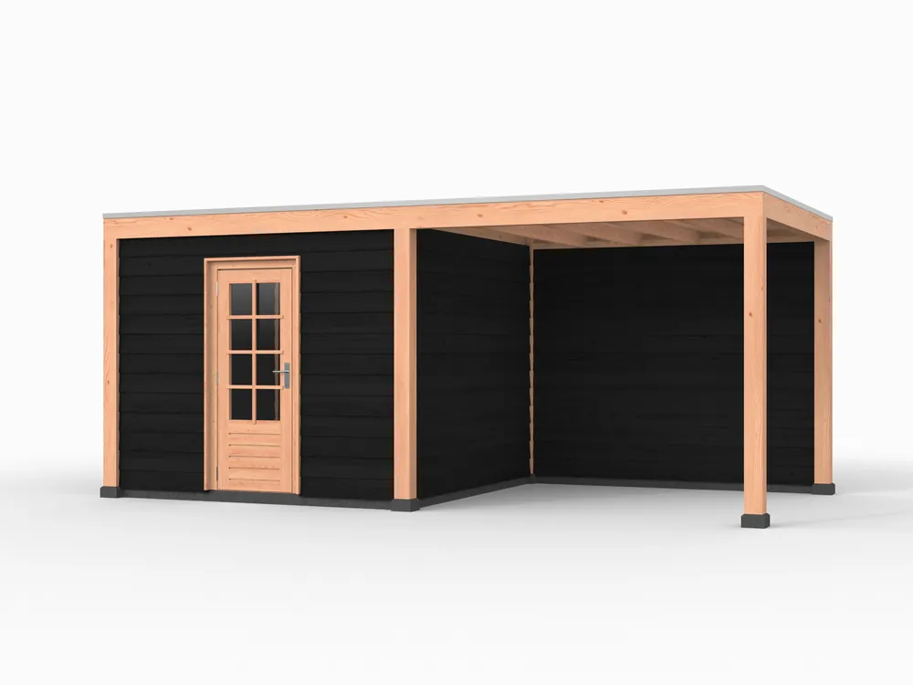 Douglas overkapping, 600 x 300, met achterwand en schuur, Westwood Elegant zwart Exclusieve Aanbieding