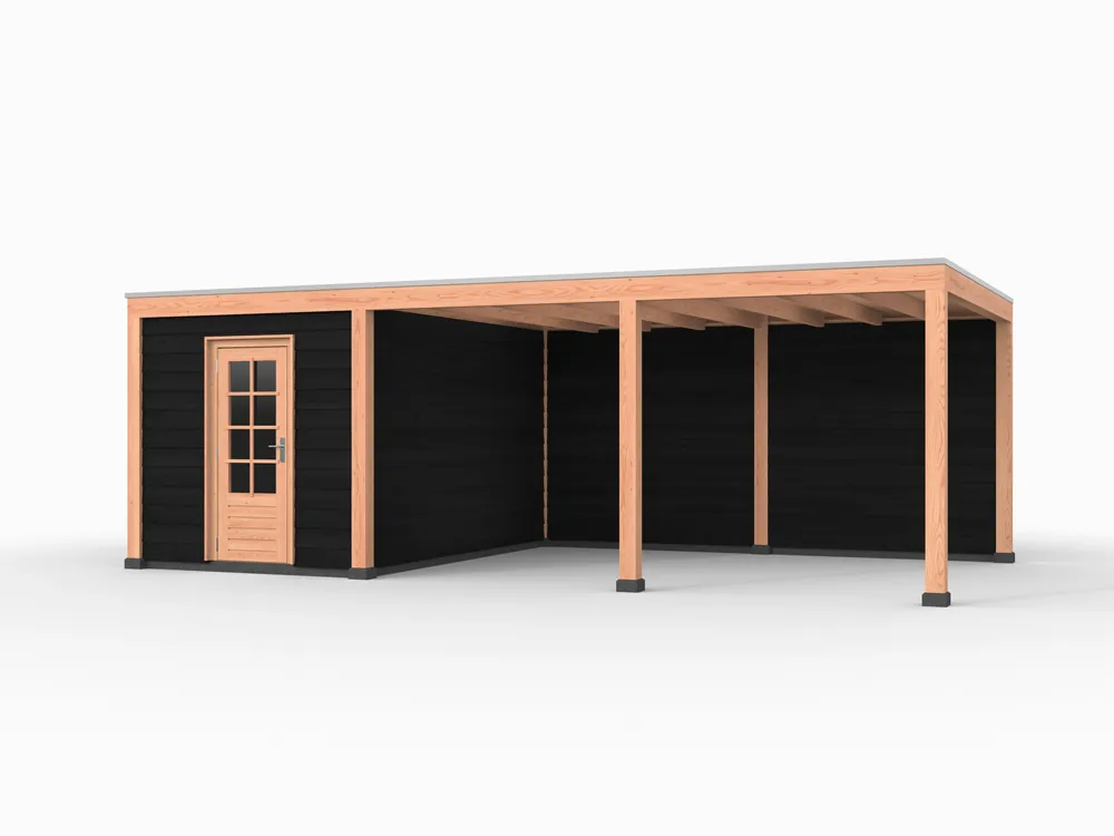Douglas overkapping, 750 x 400, met achterwand en schuur, Westwood Elegant zwart Actieprijs
