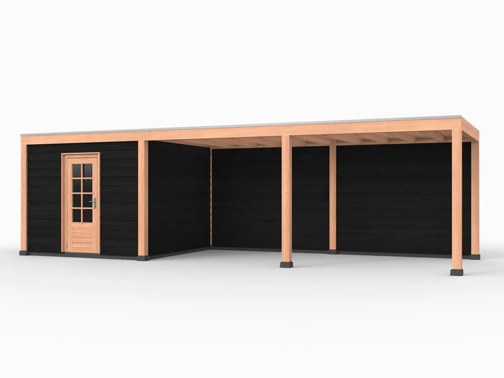 Hoge Kwaliteit Douglas overkapping, 900 x 300, met achterwand en schuur, Westwood Elegant zwart