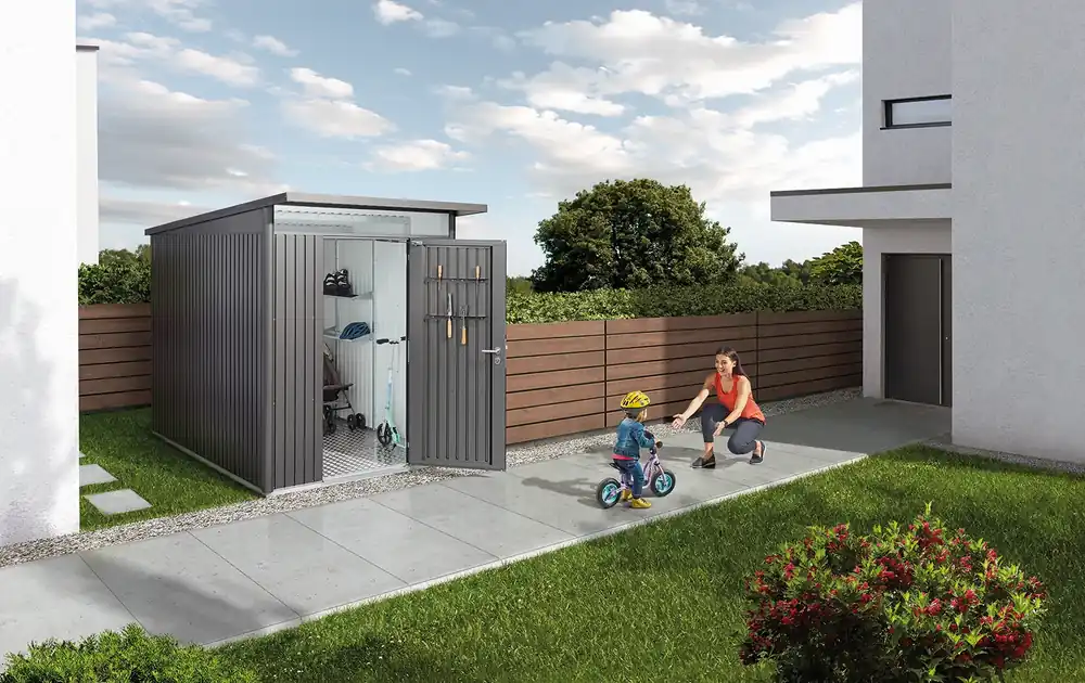 Biohort berging avantgarde met enkele deur donkergrijs, 260 x 380 x 222 cm, A8 Seizoensaanbieding