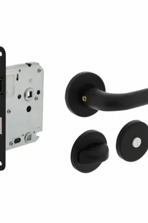 Aanbieding Intersteel deurbeslag set WC-Slot 63/8 mm zwart + deurklink Eucla met rozet zwart + wc-sluiting