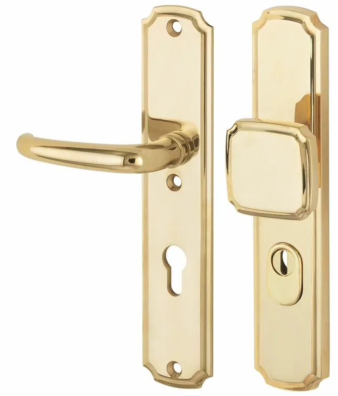Korting SKG3 PC55 knop/kruk op schild Halfsabel/Art-Nouveau links + kerntrekbeveiliging messing ongelakt