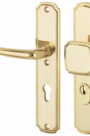 Aanbieding SKG3 PC92 knop/kruk op schild Halfsabel/Art-Nouveau links + kerntrekbeveiliging messing ongelakt
