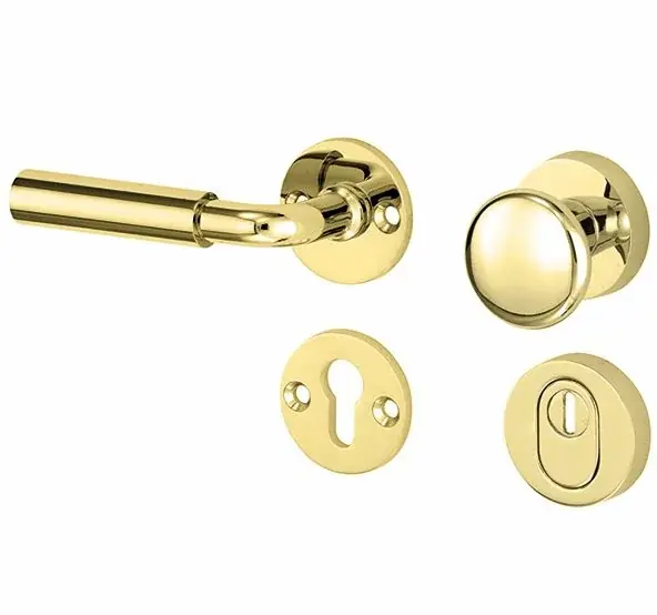 SKG3 knop/kruk op rozet Frankfurt links + kerntrekbeveiliging messing ongelakt Koopje