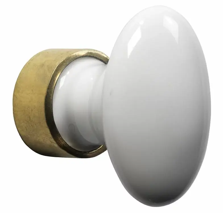 Meubelknop ovaal porselein 63mm wit/messing ongelakt Speciale Aanbieding