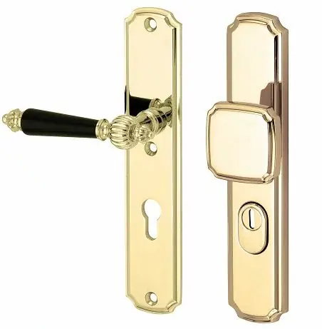 SKG3 PC92 knop/kruk op schild Nouveau ebben links + kerntrekbeveiliging messing gelakt/messing PVD Shop Nu