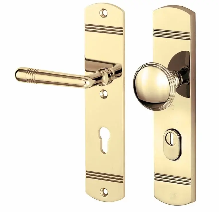 SKG3 PC92 knop/kruk op schild Art-Deco links + kerntrekbeveiliging messing gelakt/messing PVD Direct Beschikbaar