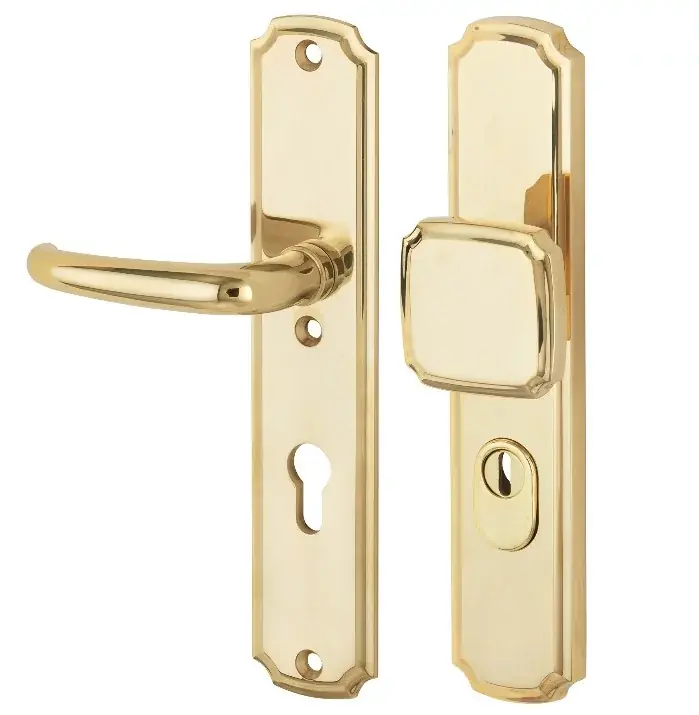 SKG3 PC92 knop/kruk op schild Halfsabel/Art-Nouveau links + kerntrekbeveiliging messing gelakt/messing PVD Betrouwbaar