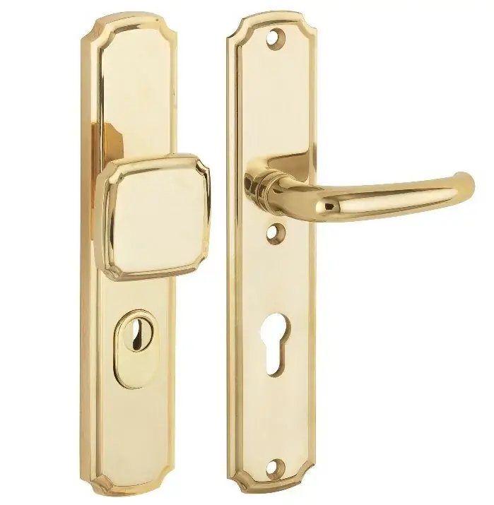 SKG3 PC92 knop/kruk op schild Halfsabel/Art-Nouveau rechts + kerntrekbeveiliging messing gelakt/messing PVD Betaalbaar